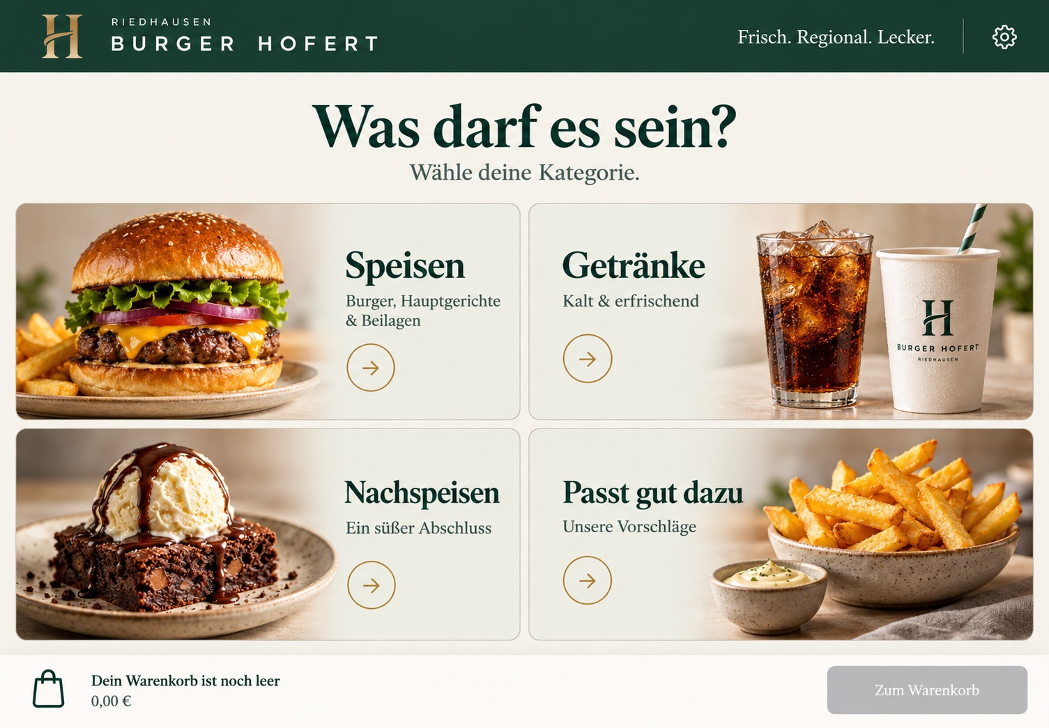 Designvorschau von OrderPoint mit Speisen, Getränken und Warenkorb in Waldgrün und Creme