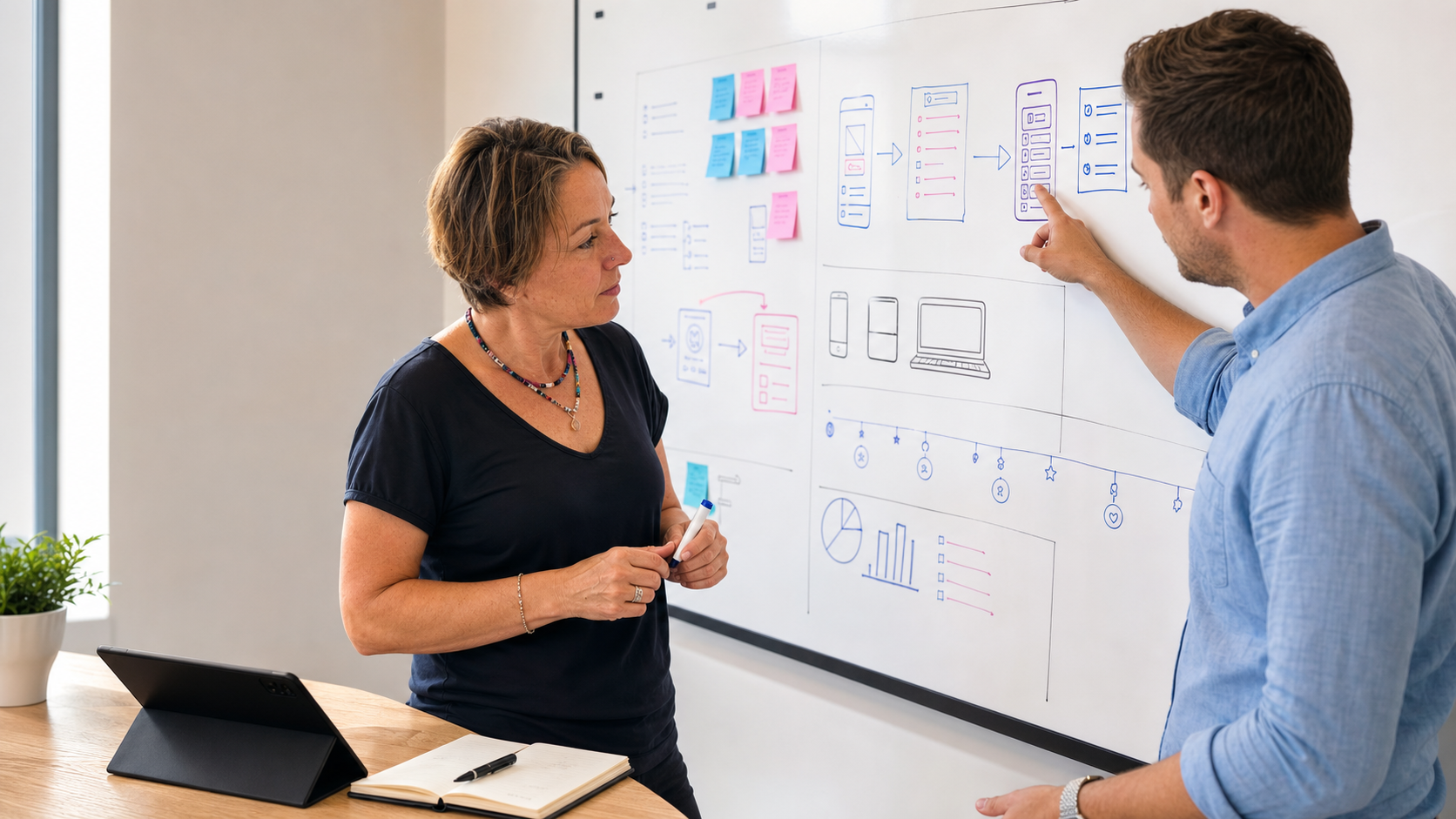 Caren plant gemeinsam mit einem Kunden eine individuelle App an einem großen Board
